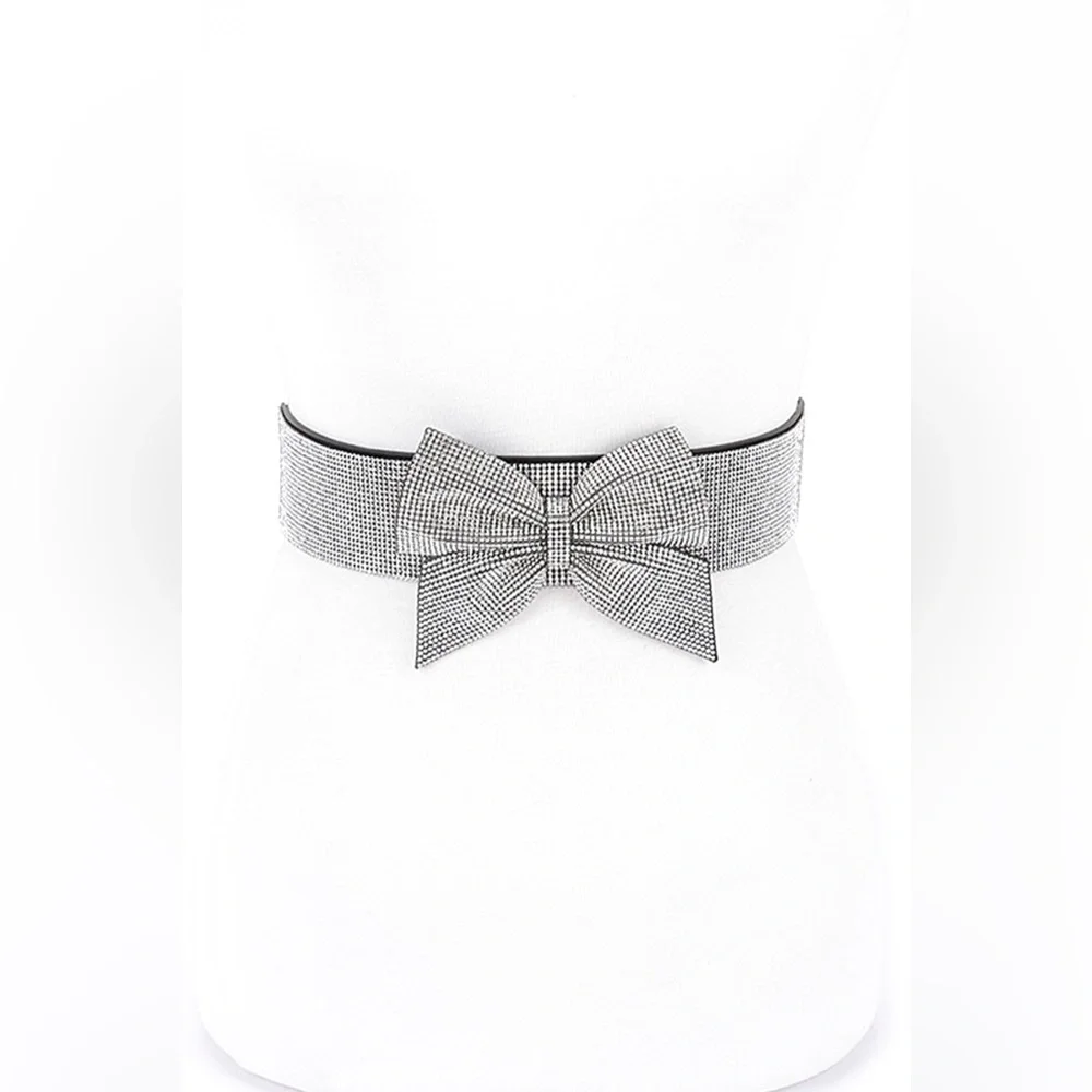Metallic Rhinestone Bow Tie Elastic Corset Statement Belt